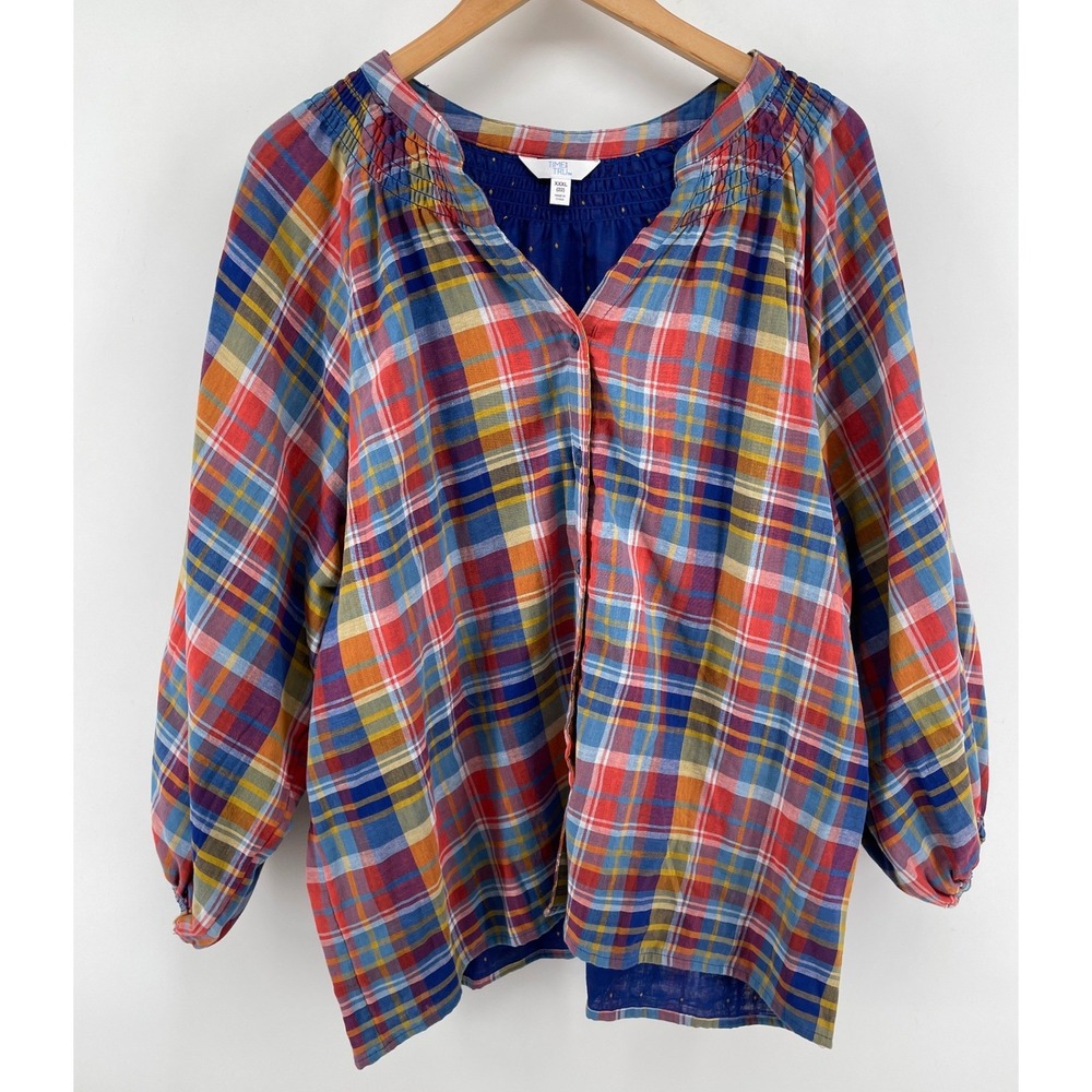 Cotton Plaid Button Front Top Womens 22 Cottagecore Country Peasant Western Boho
